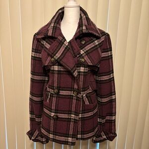 Purple Pea Coat with Double-Breasted Design and Wide Collar